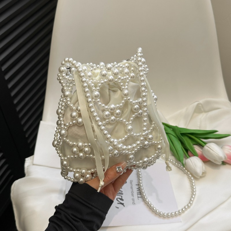 Luxury Bags On Sales - White Beading Bucket Shoulder and Crossbody